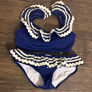 Mini Boden Girls Navy Blue Ruffle Two-Piece Swimsuit – Scalloped Trim Nautical